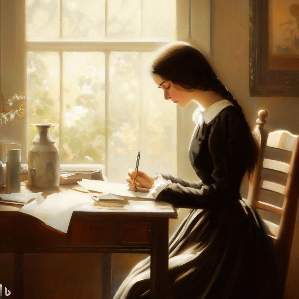 Emily Dickinson writing a poem in her bedroom.